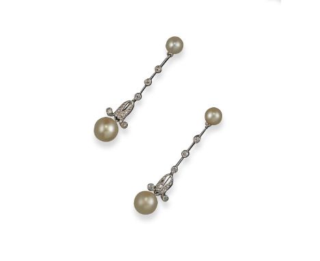 A pair of early 20th century pearl and diamond drop earrings, the pearl studs suspend a detachable and articulated knife-edge