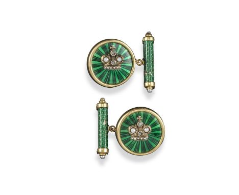 A pair of circular gold and enamel cufflinks, each link mounted with a diamond and seed pearl set crown on a green guilloche 