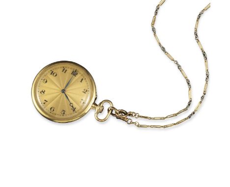 A gold dress pocket watch and chain, the gold-coloured dial applied with black Arabic numerals within plain gold case. Manual