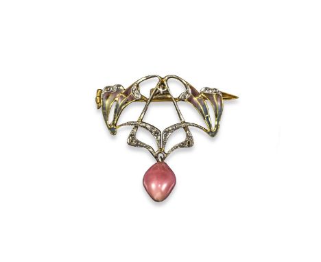 An Art Nouveau diamond brooch, set overall with graduated rose-cut diamonds, suspending a triangular diamond and pink conch p