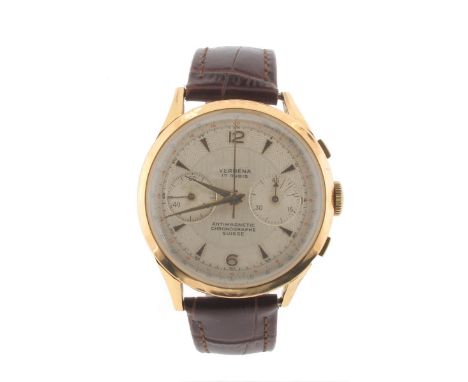 A gentleman's gold wristwatch by Verbena, the signed dial with applied gold baton numerals. With push button chronograph acti