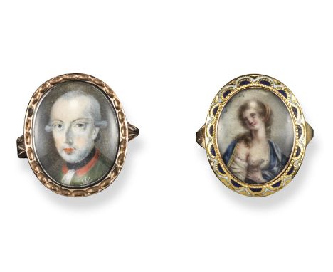 An 18th century portrait miniature mounted gold ring, depicting a gentleman wearing a green jacket, with red collar and white