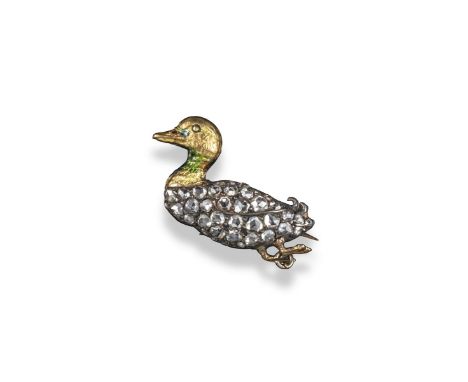 A diamond set gold duck brooch, remains of enamel decoration and pave-set with rose-cut diamonds. 2cm wide.