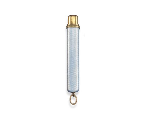 A Russian gold and enamel pencil holder, decorated with light blue guilloche enamel and carved foliate decoration to the term