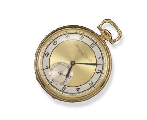 A yellow gold open-faced stem-wind pocket watch by the International Watch Company, the gold coloured dial signed Internation