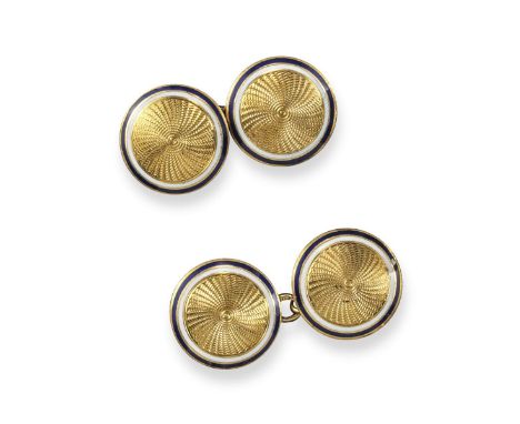 A pair of 18ct gold and enamel cufflinks, the disc-shaped links with engine-turned decoration and within white and blue ename