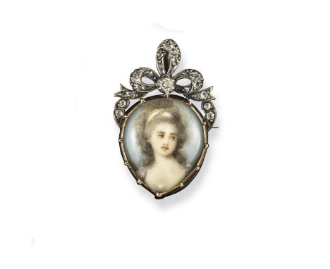 A 19th century portait brooch, the glazed pear-shaped front containing a portrait of a lady within it, set underneath a diamo