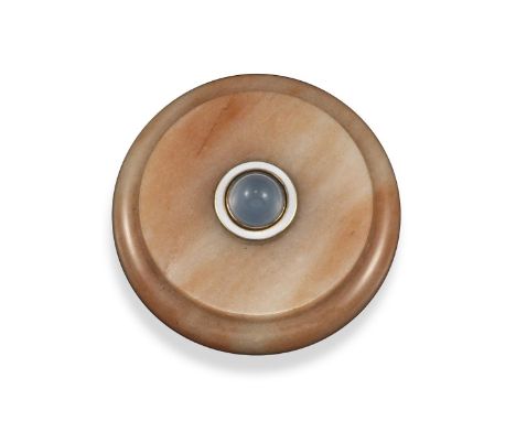 A Russian agate bell push, with stepped edge. The blue chalcedony button within a surround of white enamel in gold mounts. Wi