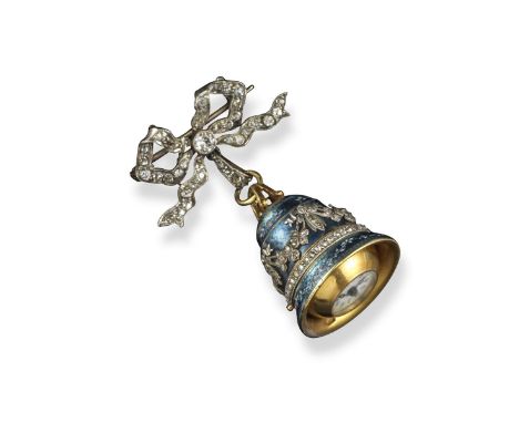 An early 20th century campana-form fob watch, the bell applied with blue guilloche enamel, surmounted with diamond-set swags,