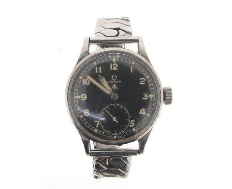 A gentleman's stainless steel British military Omega RAF pilots wristwatch, model '49'. The plain matte black dial with lumin