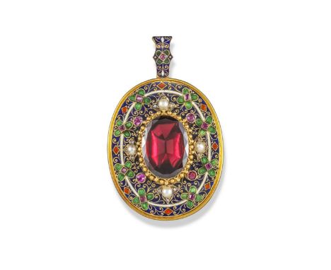 A 19th century Holbeinesque pendant, of oval form, with green, red and blue enamel decoration, surmounted with rubies, seed p