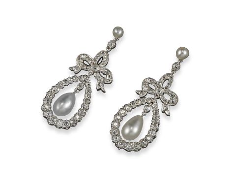 A pair of Victorian natural pearl and diamond drop earrings, the small button-shaped pearls suspend diamond bows and a drop-s