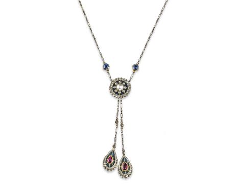 An early 20th century gem-set and enamel lavalier, the central plaque set with plique-a-jour enamel and a pearl and diamond, 