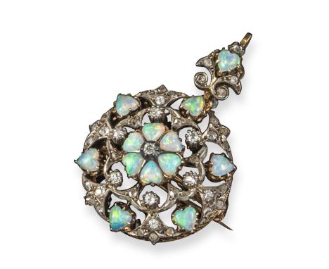 A 19th century opal and diamond pendant, the centre cluster set with six heart-shaped opals within hexafoil border and a furt