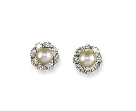 A pair of cultured pearl and diamond earrings, each set with a button-shaped pearl within a surround of four marquise-shaped 