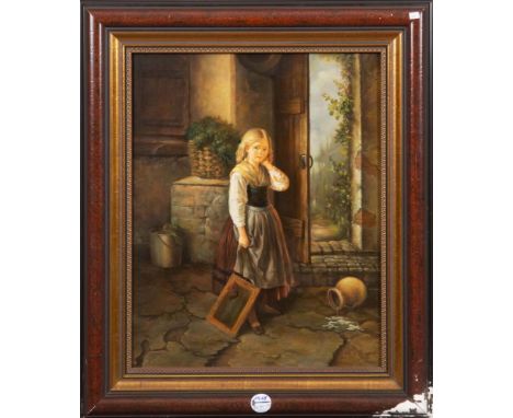 K. S. Baker (Maler des 19./20. Jhs.). Porträt eines Mädchens mit Schultafel. Öl/Holz, re./u./sign., gerahmt, 50 x 40 cm.