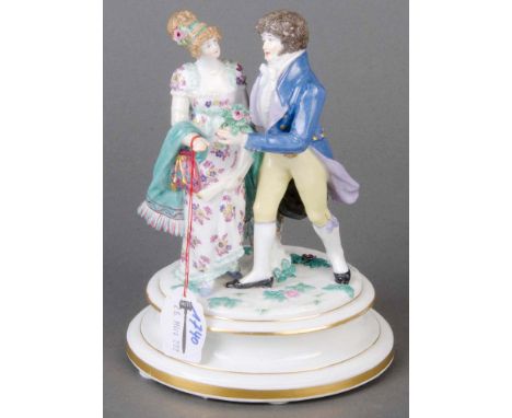 Kostümgruppe. Meissen 1876. Auf ovalem, profiliertem Sockel mit Goldrand. Porzellan, bunt bemalt, mit Formnummer „K. 163“. Mo