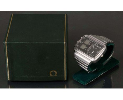 Armbanduhr, Marke „Omega Seamaster“, Quarz-Chronometer, „Albatros“, Montreal Olympic, mit Stahlgehäuse und -armband, schwarze