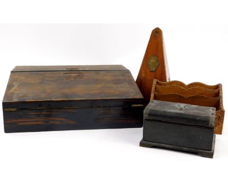 A Victorian calamander writing box, with fitted interior, a metronome, a Black Forest letter rack etc.