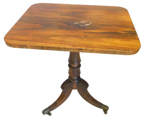 A mid 19thC rosewood and mahogany occasional table, the rectangular rosewood top on a turned column and tripod base with leaf