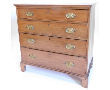 An early 19thC mahogany and parquetry chest of drawers, the top with a moulded edge above four graduated drawers, each with l