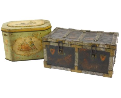 Two Huntley and Palmer biscuit tins, one modelled in the form of a cabin trunk.