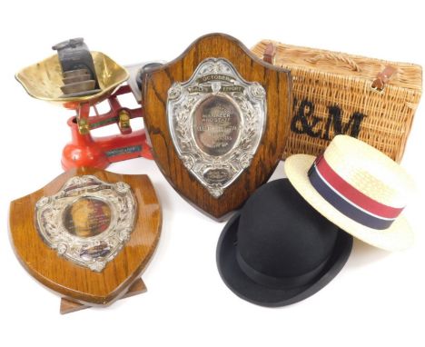 Miscellaneous items, to include a straw boater, various silver plated presentation shields, Fortnum and Mason small hamper, b