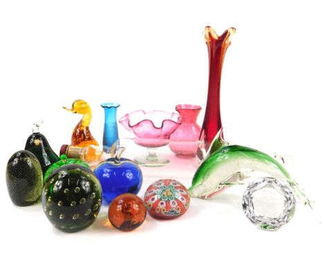 A collection of coloured glass, to include paperweights, cranberry tinted bowl with clear glass pedestal, a rolling pin etc.