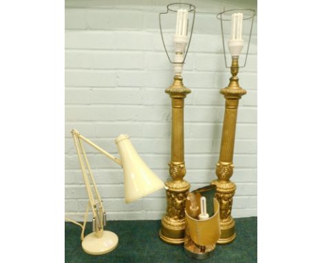 Various items of lighting, to include an adjustable Anglepoise lamp, pair of gilt gesso table lamps, decorated with putti and