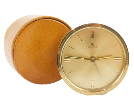 A 1960s/70s Cyma gilt metal travelling alarm clock, with leather case, 6cm dia.