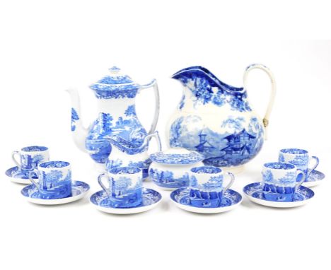 Spode Italian pattern blue printed part coffee service, to include coffee pot, milk jug, covered sugar bowl and a blue printe