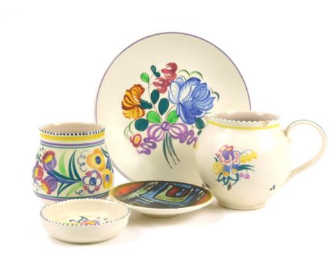 A collection of Poole pottery, to include a Delphis style small dish, floral painted vase, jug etc.