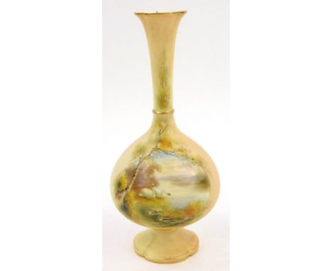 A Grainger and Co Royal China works Worcester blush ivory vase, decorated with swans on a river etc., 22cm H.