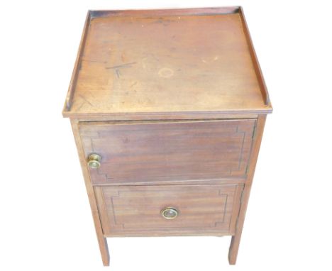 An early 19thC mahogany and ebony strung night commode, with a raised gallery above two doors, adapted, 49cm wide.