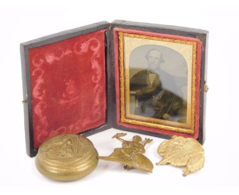 A 19thC daguerreotype type, depicting a gentleman in embossed frame, a small gilt metal patch box etc.