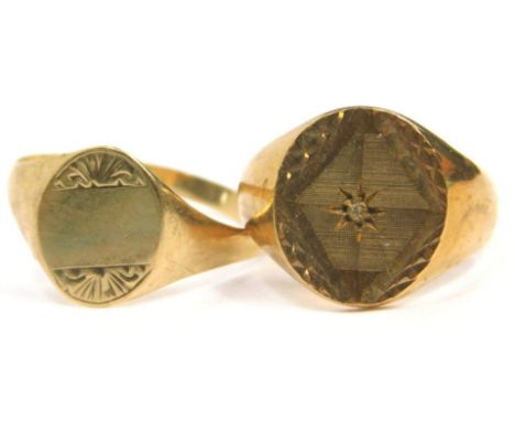 Two 9ct signet rings, one with engine turned decoration and inset with a tiny diamond, 8.7g all in.