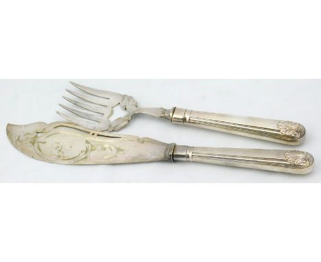 A pair of silver plated fish servers, with engraved and piercing fork and knife, the handles cast with shells, various marks.