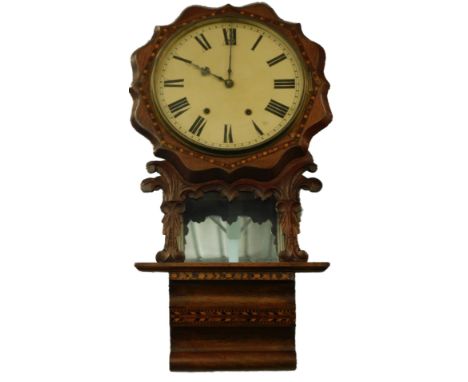 An American walnut and parquetry drop dial wall clock, with a painted dial, 74cm H.