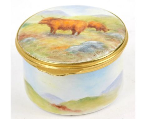 An enamel box and cover, decorated in Worcester style with Highland cattle in the landscape, signed to the interior Graham Pa