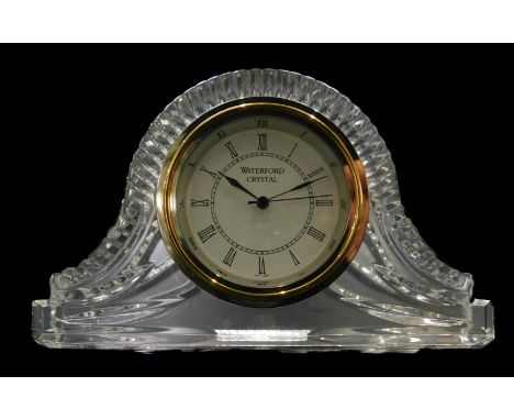 A Waterford Crystal mantel timepiece, with quartz movement, Napoleon hat shaped case in original box and packaging, 17cm W.