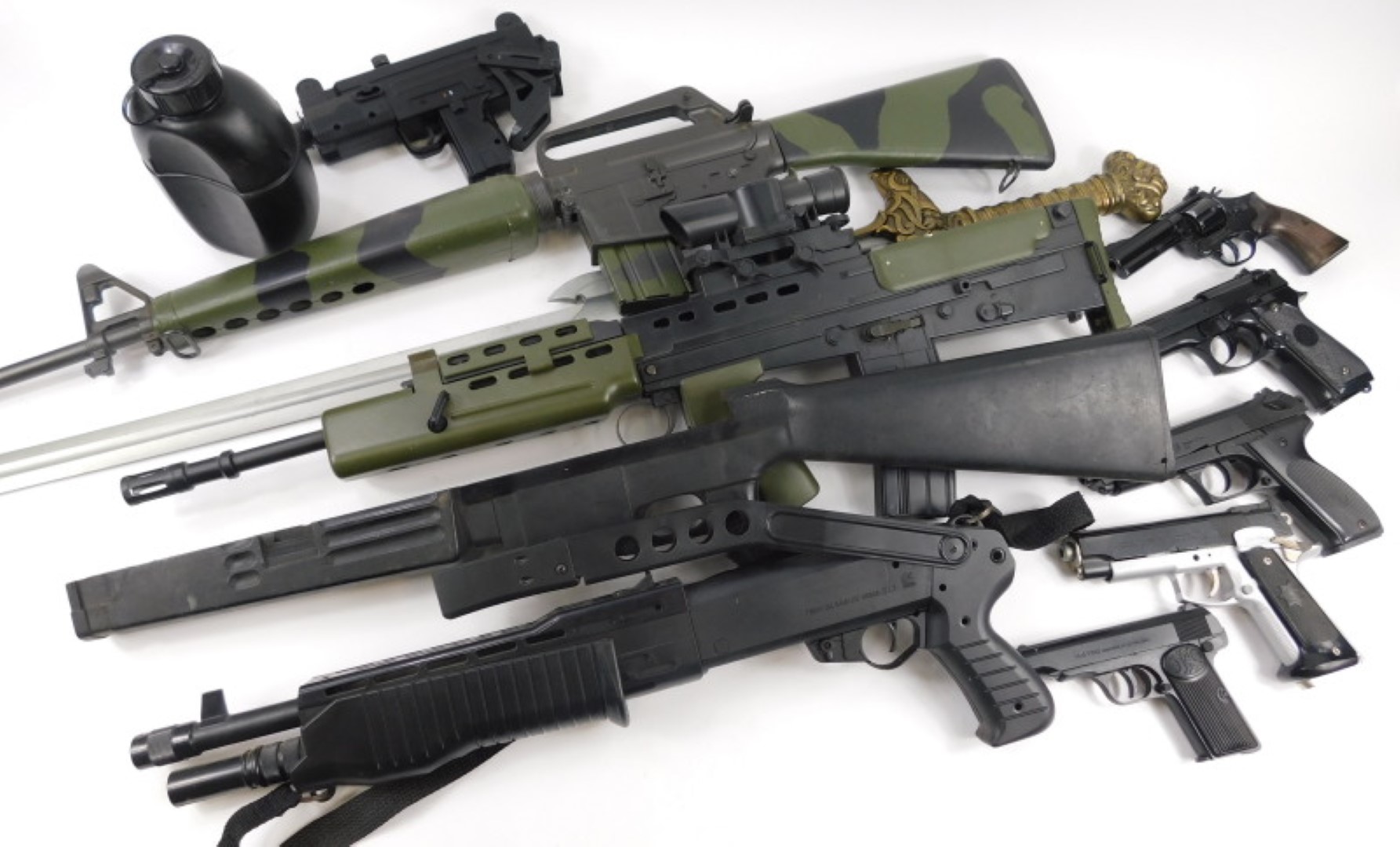 Various air soft or ball bearing rifles pistols ammunition etc.
