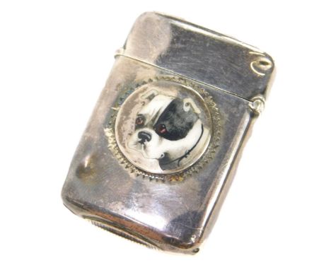 A late 19th/early 20thC silver vesta case, inset with an enamel profile of a mastiff or bulldog type dog, with a black eye pa