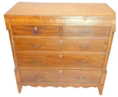 An early 19thC mahogany and chequer banded chest of drawers, the crossbanded top above an arrangement of two short and three 