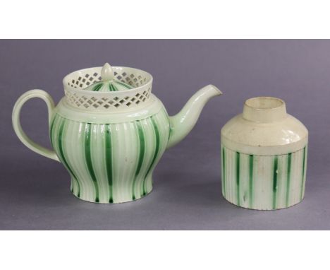 An 18th century English creamware fluted baluster teapot with tall pierced rim &amp; running green vertical stripes, 12cm hig