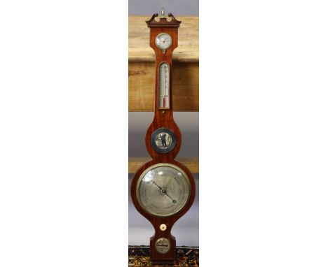 An early 19th century banjo barometer with swan-neck cornice, hygrometer, thermometer, convex mirror, silvered dial, &amp; le