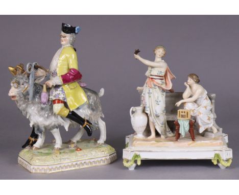 A Dresden porcelain figure of Count Bruhl’s tailor riding his goat, on rectangular base with canted corners, 27cm high (right