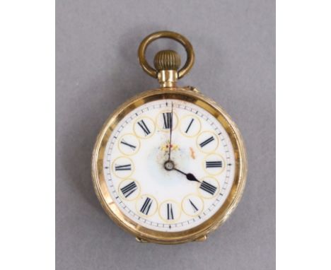 A late 19th/early 20th century continental fob watch with enamel dial, in engraved yellow metal case.