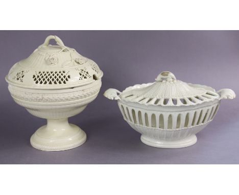 A late 18th century English creamware oval chestnut basket &amp; cover with pierced &amp; moulded decoration, leaf-scroll sid