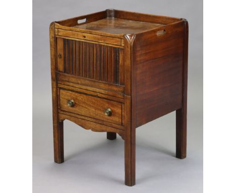 A late 18th century mahogany tray-top bedside commode, with single shelf enclosed by a tambor shutter, above a single drawer 