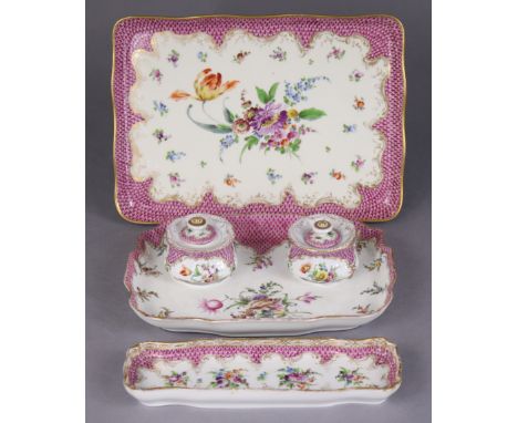A Dresden porcelain (Richard Klemm/Donath &amp; Co) rectangular desk inkstand with two squat round inkwells, finely painted w